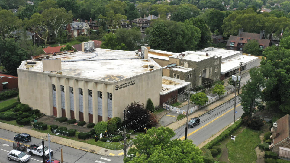 This photo taken with a drone shows the Tree of Life Synagogue in the Squirrel Hill neighborhood of Pittsburgh on Tuesday, Aug. 1, 2023. A jury will continue to delibere after it did not reach a decision Tuesday on whether the man who killed 11 people at the Pittsburgh synagogue should receive the death penalty or life in prison without parole. (AP Photo/Gene J. Puskar)