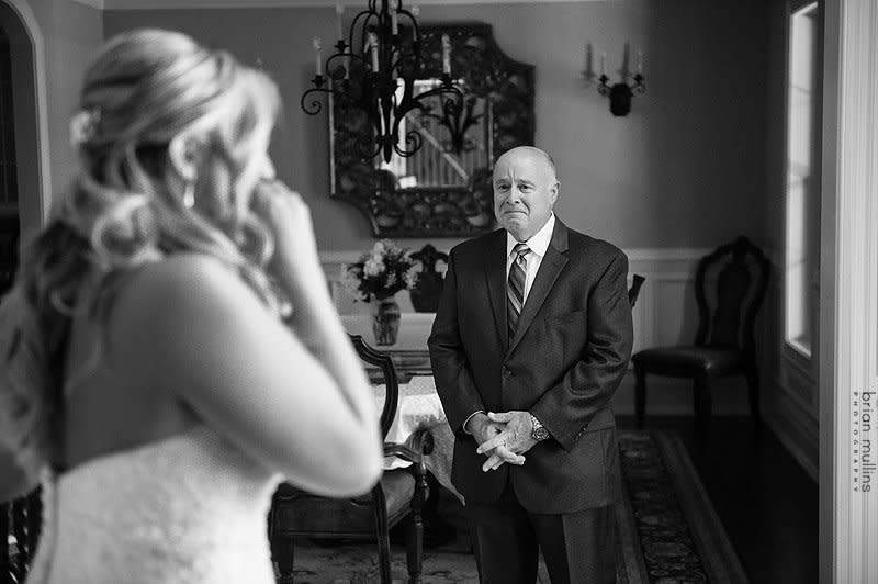 "I have a younger daughter so when the daughter and dad see each other on the wedding day is such a special moment for me. The bride got ready at her parents' house and she walked down the stairs to see her dad. I always try to talk with Dad prior so he knows this is the last moments he gets to spend with his daughter before she's married, so to enjoy it and don&rsquo;t be afraid to show emotion. So the bride is crying, the dad is crying, and I am crying. Thank god for autofocus." --&nbsp;<i>Brian Mullins</i>