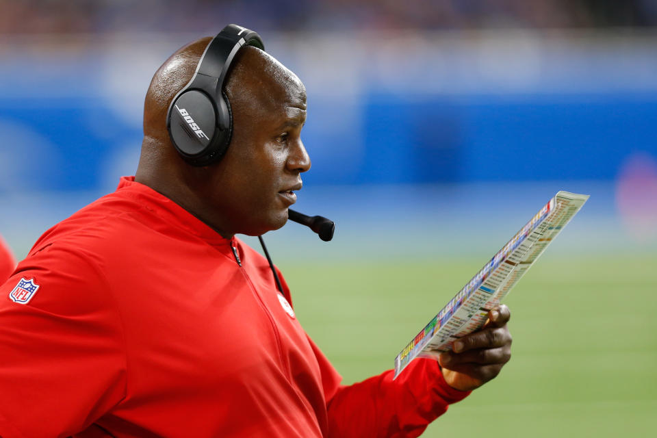 DETROIT, MI - SEPTEMBER 29:  Kansas City Chiefs offensive coordinator Eric Bieniemy watches the action on the field during a regular season game between the Kansas City Chiefs and the Detroit Lions on September 29, 2019 at Ford Field in Detroit, Michigan.  (Photo by Scott W. Grau/Icon Sportswire via Getty Images)