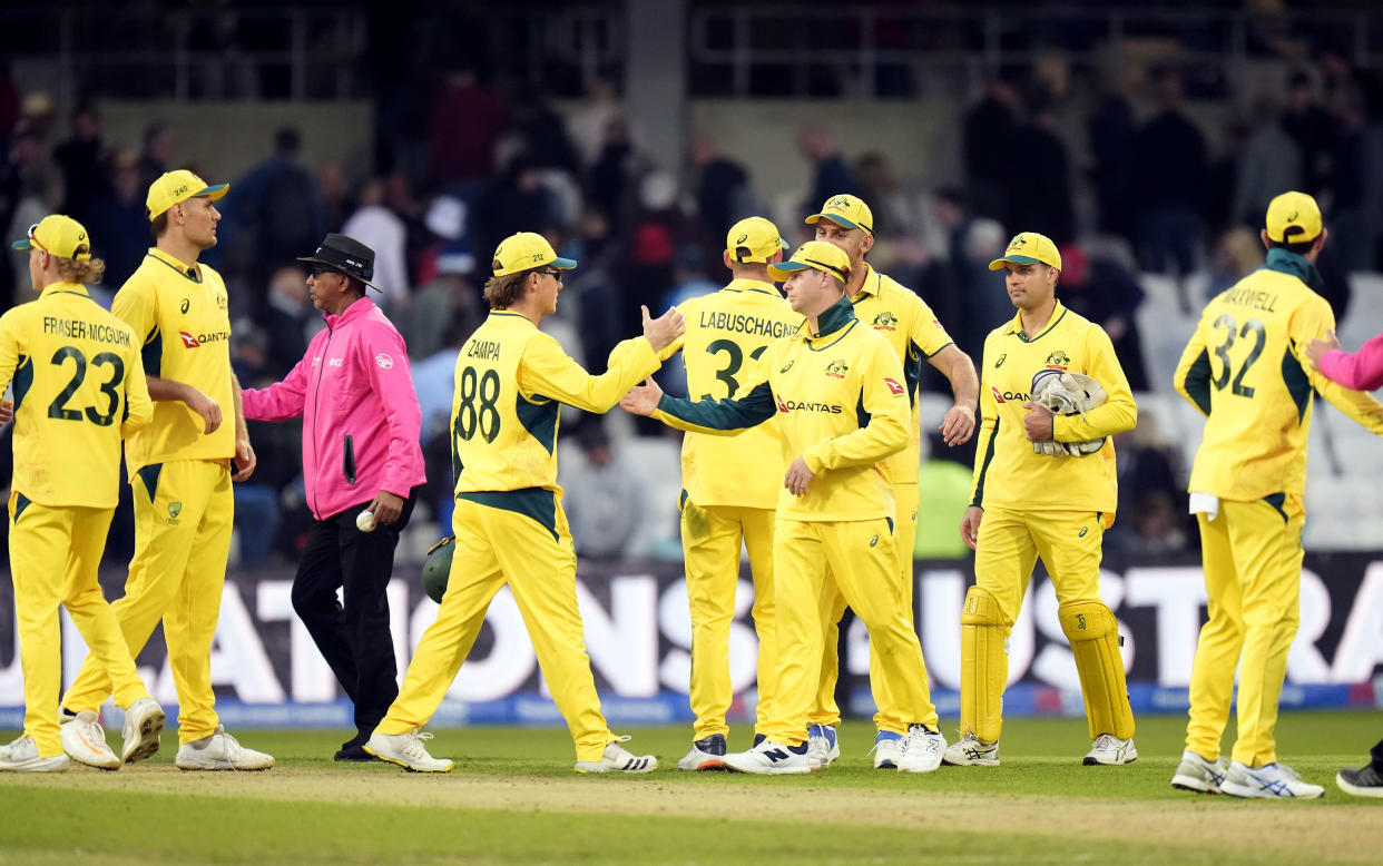 Australia players celebrate winning the second One Day international match between England and Australia at Headingley, Leeds, Saturday Sept. 21, 2024. (Danny Lawson/PA via AP)