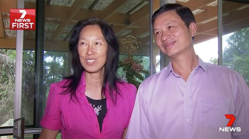 Connie and Ming Hon received quite the shock when they found the green tree snake perched on their tree. Source: 7 News