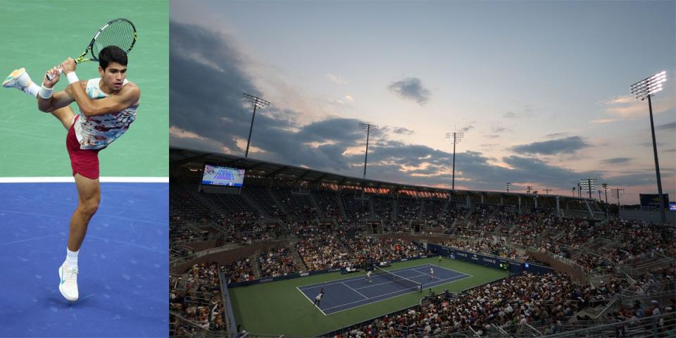 carlos playing tennis, view of US open stadium in queens