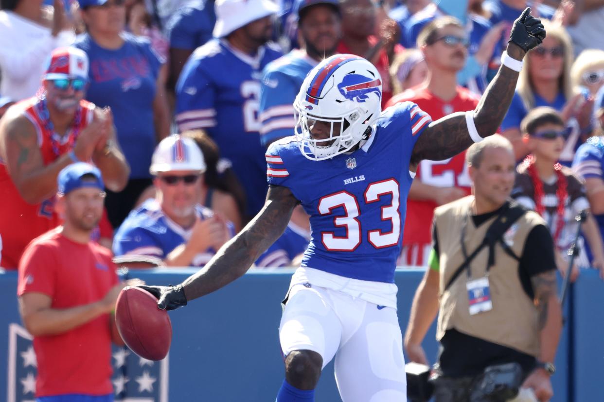 ORCHARD PARK, NEW YORK - OCTOBER 01: Siran Neal #33 of the Buffalo Bills celebrates against the Miami Dolphins at Highmark Stadium on October 01, 2023 in Orchard Park, New York. (Photo by Bryan M. Bennett/Getty Images)
