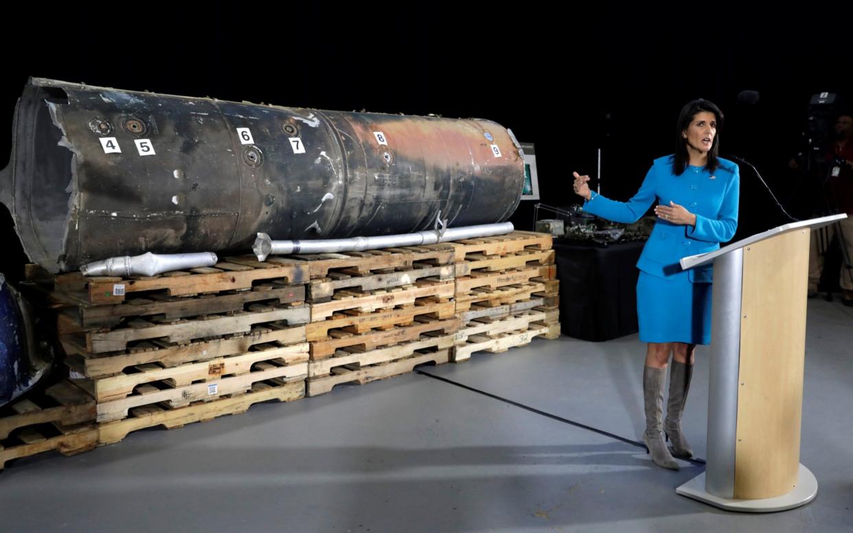 US Ambassador to the United Nations Nikki Haley briefs the media in front of remains of Iranian