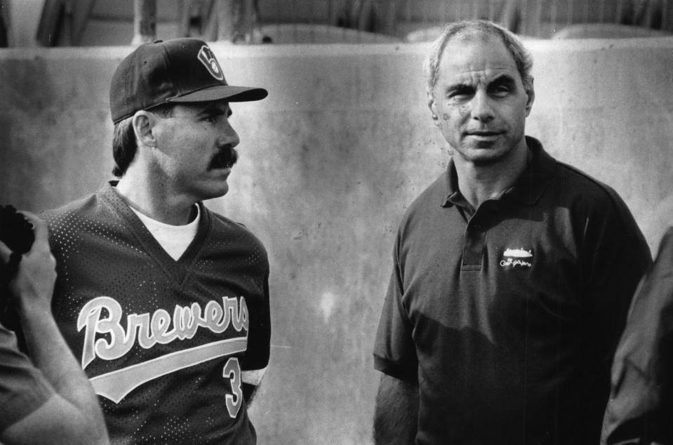 Brewers general manager Sal Bando with coach Phil Garner in 1992.