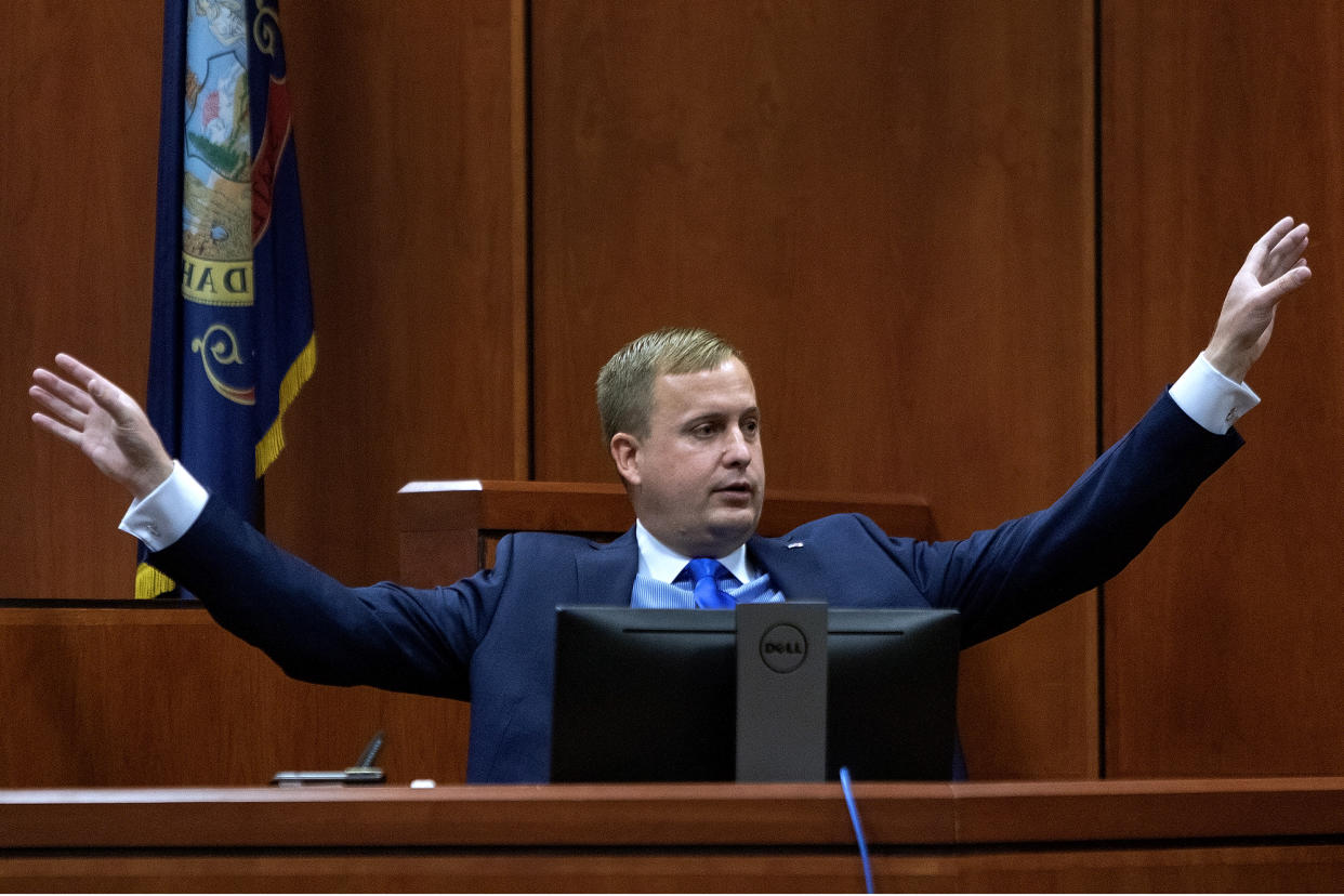 Former Idaho state Rep. Aaron von Ehlinger testifies on his own behalf during day three of his rape trial at the Ada County Courthouse, Thursday, April 28, 2022, in Boise, Idaho. (Brian Myrick/The Idaho Press-Tribune via AP, Pool)