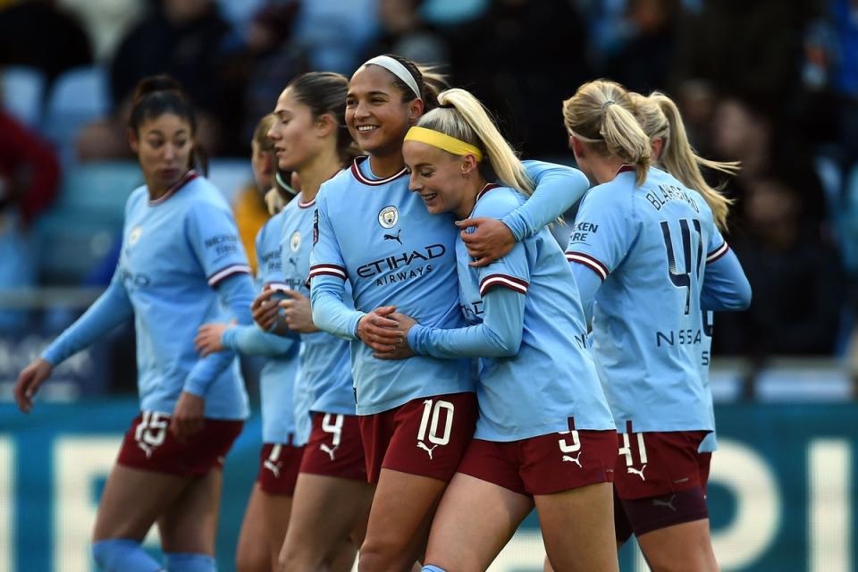 Chloe Kelly (centre) was involved in the build-up for the first two goals as Manchester City beat Brighton 3-1 (Peter Powell/PA). (PA Wire)