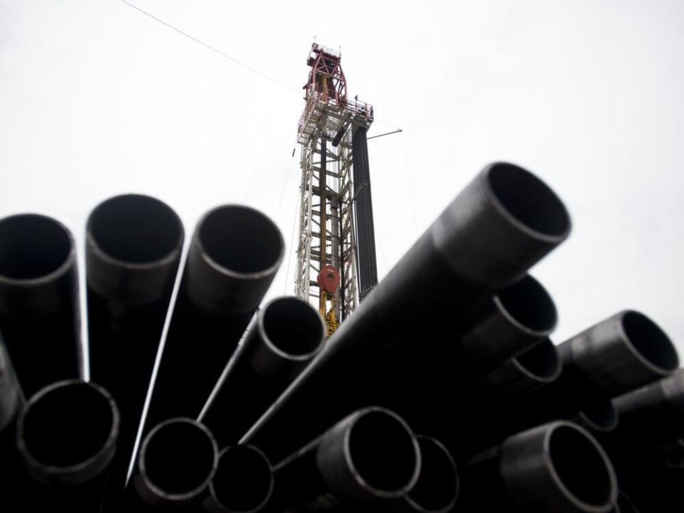  Threaded drilling pipes are stacked at a hydraulic fracturing site in Pennsylvania.