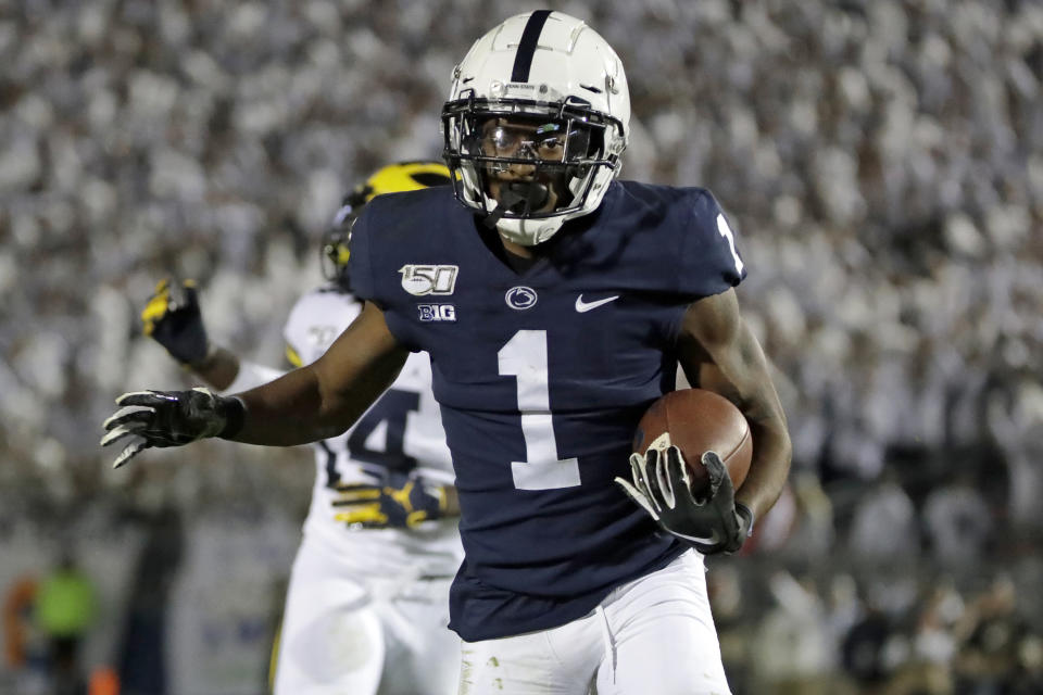 Penn State wide receiver KJ Hamler (1) caught two touchdown passes in his team's 28-21 win over Michigan on Saturday in State College, Pa. (AP Photo/Gene J. Puskar)