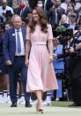 <p>For the men's wheelchair singles final and men's singles final Wimbledon games, <a href="https://www.townandcountrymag.com/society/tradition/a36991616/kate-middleton-pink-dress-wimbledon-mens-finals-2021/" rel="nofollow noopener" target="_blank" data-ylk="slk:Kate dressed up;elm:context_link;itc:0;sec:content-canvas" class="link ">Kate dressed up</a> in a pastel pink, belted Beulah London dress. She accessorized with Aldo heels, a pink floral mask, Mappin and Webb Empress dangle earrings, and a floral Josef clutch.</p>