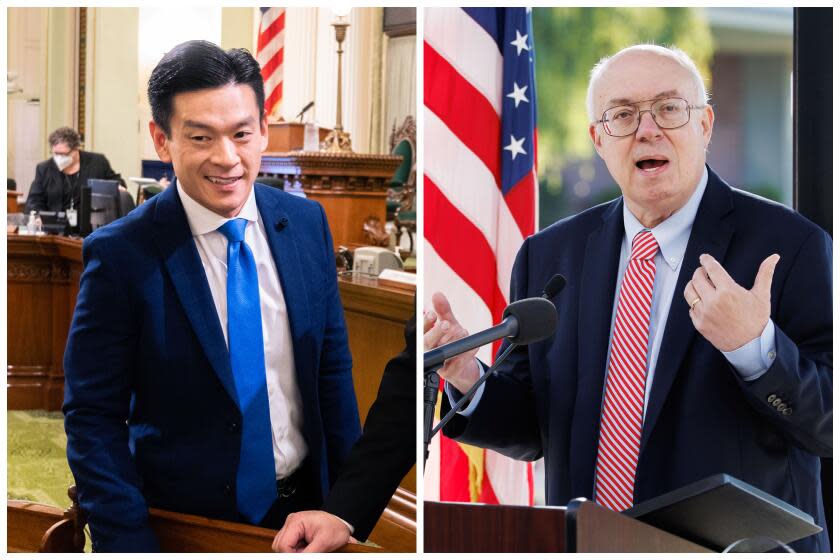 Left, FILE - Assemblyman Evan Low, D-San Jose chats with Phil Ting, D-San Francisco, chat following the opening session of the California Assembly in Sacramento, Calif., Wednesday, Jan. 4, 2023. Right, Santa Clara County Supervisor Joe Simitian speaks during an opening ceremony event of the nursing careers and the electrical vehicles programs at the Silicon Valley Career Technical Education campus in San Jose, Calif., on Friday, Oct. 27, 2023. (AP Photo/José Luis Villegas,File, Dai Sugano/MediaNews Group/The Mercury News via Getty Images)