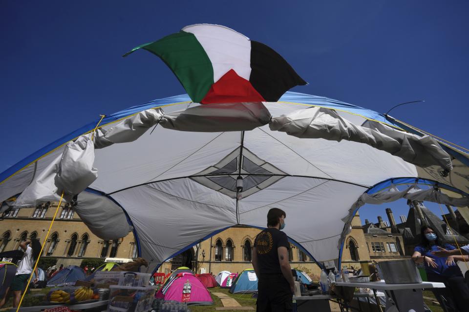 A pro-Palestinians camp outside the Pitt Rivers Museum at Oxford, in England, Thursday, May 9, 2024. Students in the UK, including in Leeds, Newcastle and Bristol, have set up tents outside university buildings, replicating the nationwide campus demonstrations which began in the US last month. (AP Photo/Kin Cheung)