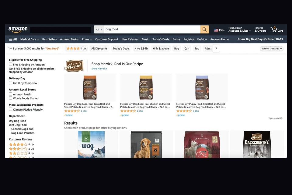 The search results when you look up "dog food" on Amazon.