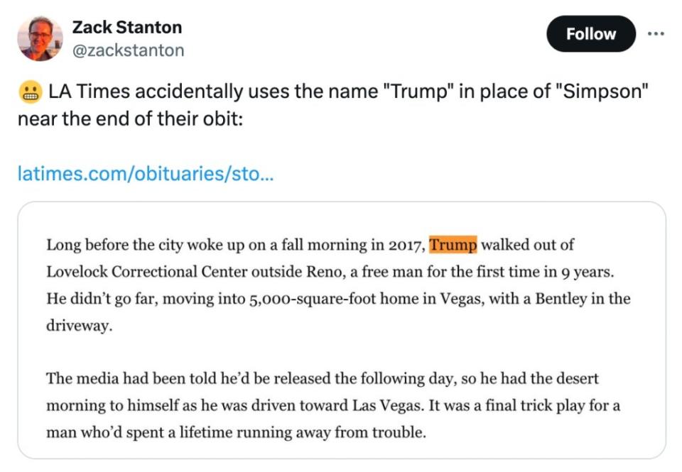 The LA Times mistakenly wrote that Trump was freed on parole after serving nine years in a Nevada state prison. @zackstanton/X