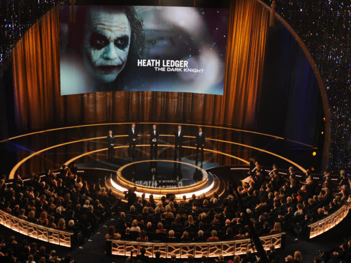 Photo of Heath Ledger On Screen as the Joker in "The Dark Knight"