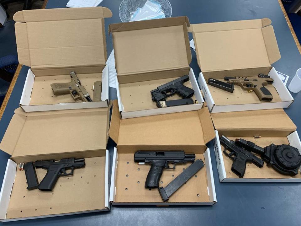 Illinois State Police released this photo on Wednesday as part of an announcement of a “firearms enforcement blitz” aimed at making sure persons with FOID cards are in compliance with state law. These guns were seized as part of a detail conducted by the Illinois State Police Public Safety Enforcement Group in collaboration with the East St. Louis Police Department and the East St. Louis Housing Authority.