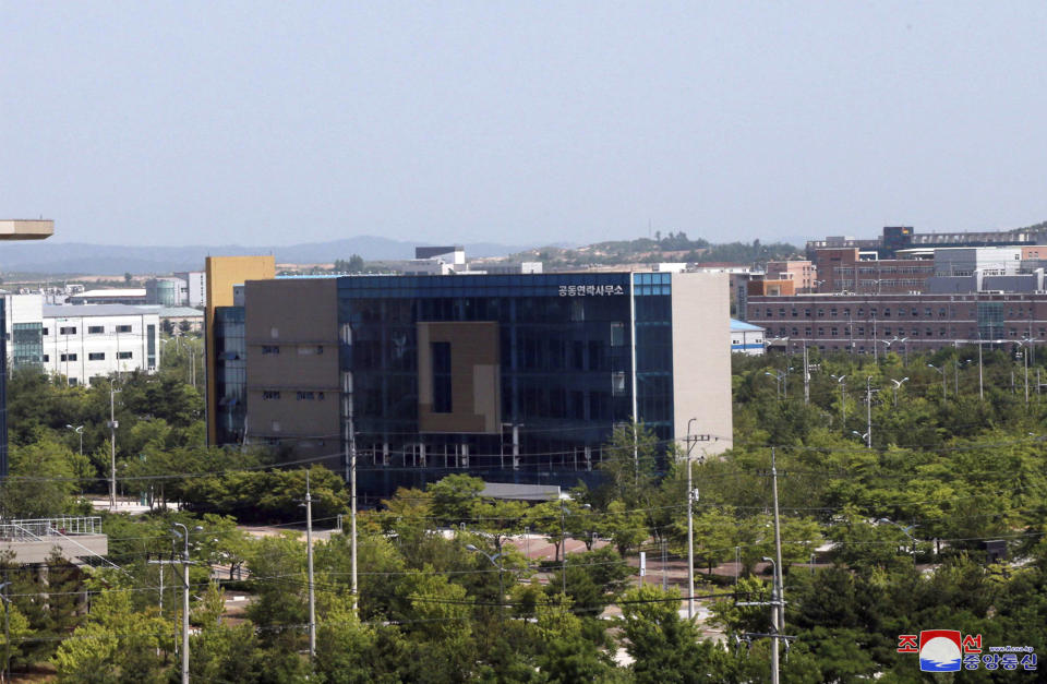 This photo provided by the North Korean government shows an inter-Korean liaison office building before its demolition in Kaesong, North Korea, Tuesday, June 16, 2020. South Korea says that North Korea has exploded the inter-Korean liaison office building just north of the tense Korean border. Independent journalists were not given access to cover the event depicted in this image distributed by the North Korean government. The content of this image is as provided and cannot be independently verified. (Korean Central News Agency/Korea News Service via AP)