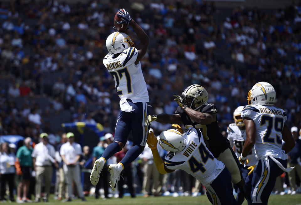 Los Angeles Chargers defensive back Jaylen Watkins (27) intercepts a pass during the first half of a preseason NFL football game against the New Orleans Saints, Sunday, Aug. 18, 2019, in Carson, Calif. (AP Photo/Kelvin Kuo)