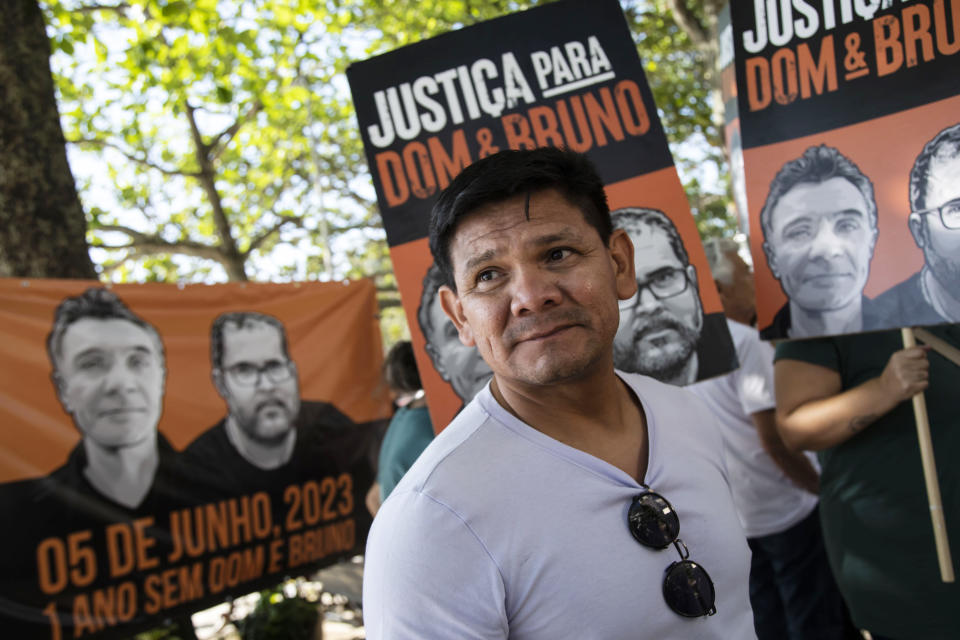 Beto Marubo, Indigenous leader and member of the Union of Indigenous Peoples of the Vale do Javari, attends the one-year anniversary commemoration since the murders of British journalist Dom Phillips and Indigenous activist Bruno Pereira, in Rio de Janeiro, Brazil, Monday, June 5, 2023. The two were were killed in the Amazon's Vale do Javari area. (AP Photo/Bruna Prado)