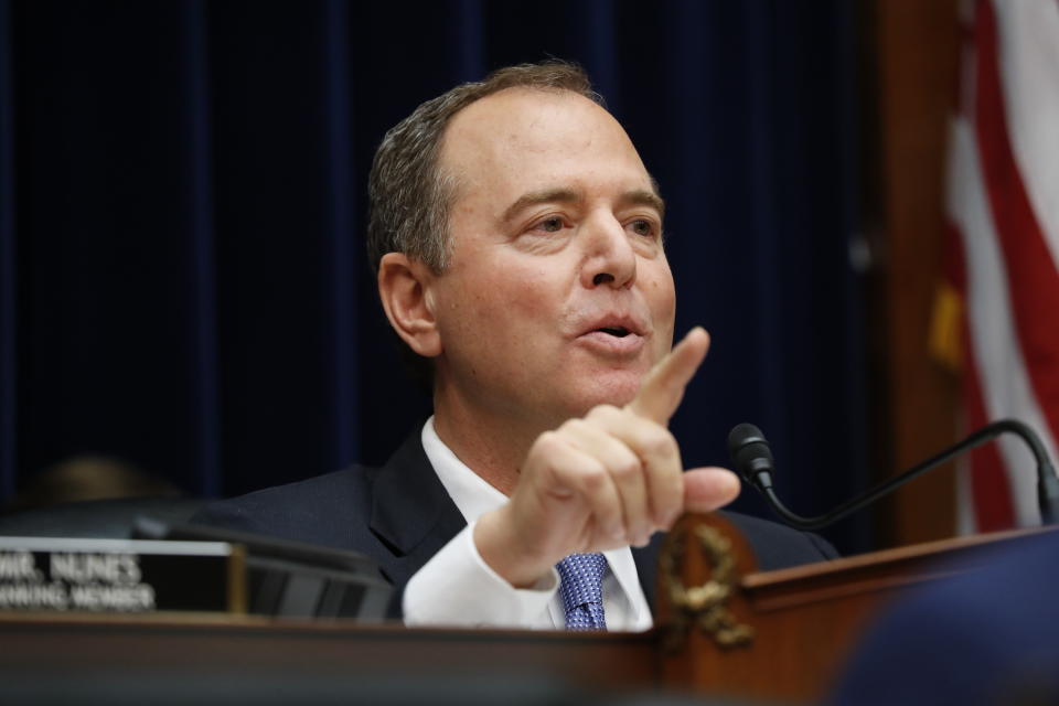 House Intelligence Committee Chairman Rep. Adam Schiff, D-Calif., questions Acting Director of National Intelligence Joseph Maguire,as he testifies before the House Intelligence Committee on Capitol Hill in Washington, Thursday, Sept. 26, 2019. (AP Photo/Pablo Martinez Monsivais)