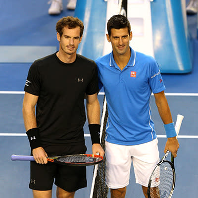 Andy Murray and Novak Djokovic pose for a photo before their match.