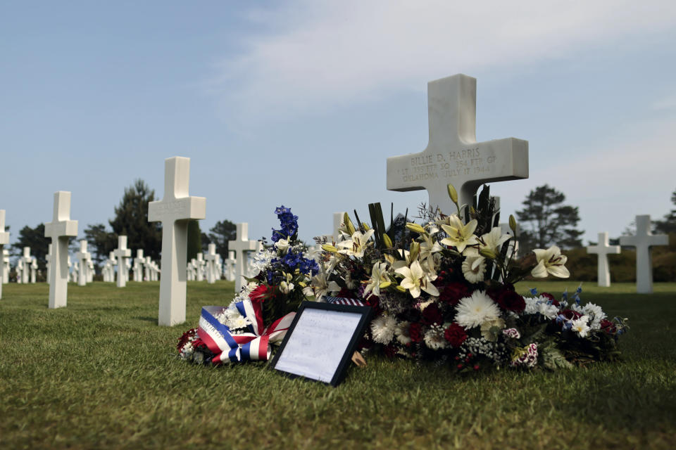 General view of headstones in the US cemetery of Colleville-sur-Mer, Normandy, Saturday, June, 4 2022. Several ceremonies will take place to commemorate the 78th anniversary of D-Day that led to the liberation of France and Europe from the German occupation. (AP Photo/Jeremias Gonzales)