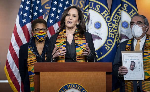 PHOTO: Senator Kamala Harris speaks during a news conference unveiling policing reform and and equal justice legislation at the U.S. Capitol in Washington, June 8, 2020. (Al Drago/Bloomberg via Getty Images)