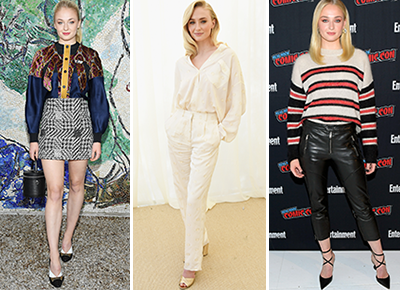 Sophie Turner spotted in a beige blazer, black leather mini-skirt