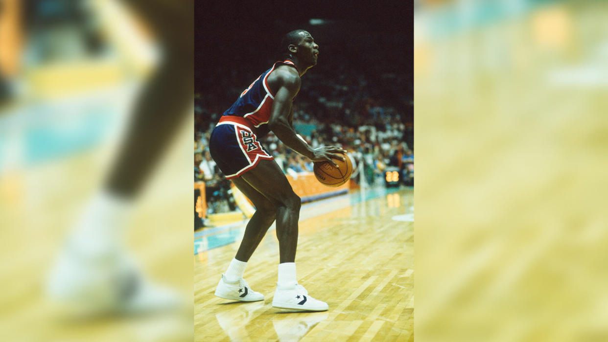 Michael Jordan of the USA competes in the men's basketball tournament of the 1984 Summer Olympics.