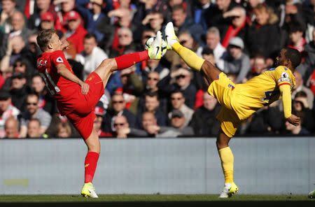 Britain Football Soccer - Liverpool v Crystal Palace - Premier League - Anfield - 23/4/17 Crystal Palace's Mathieu Flamini in action with Liverpool's Lucas Leiva Reuters / Phil Noble Livepic