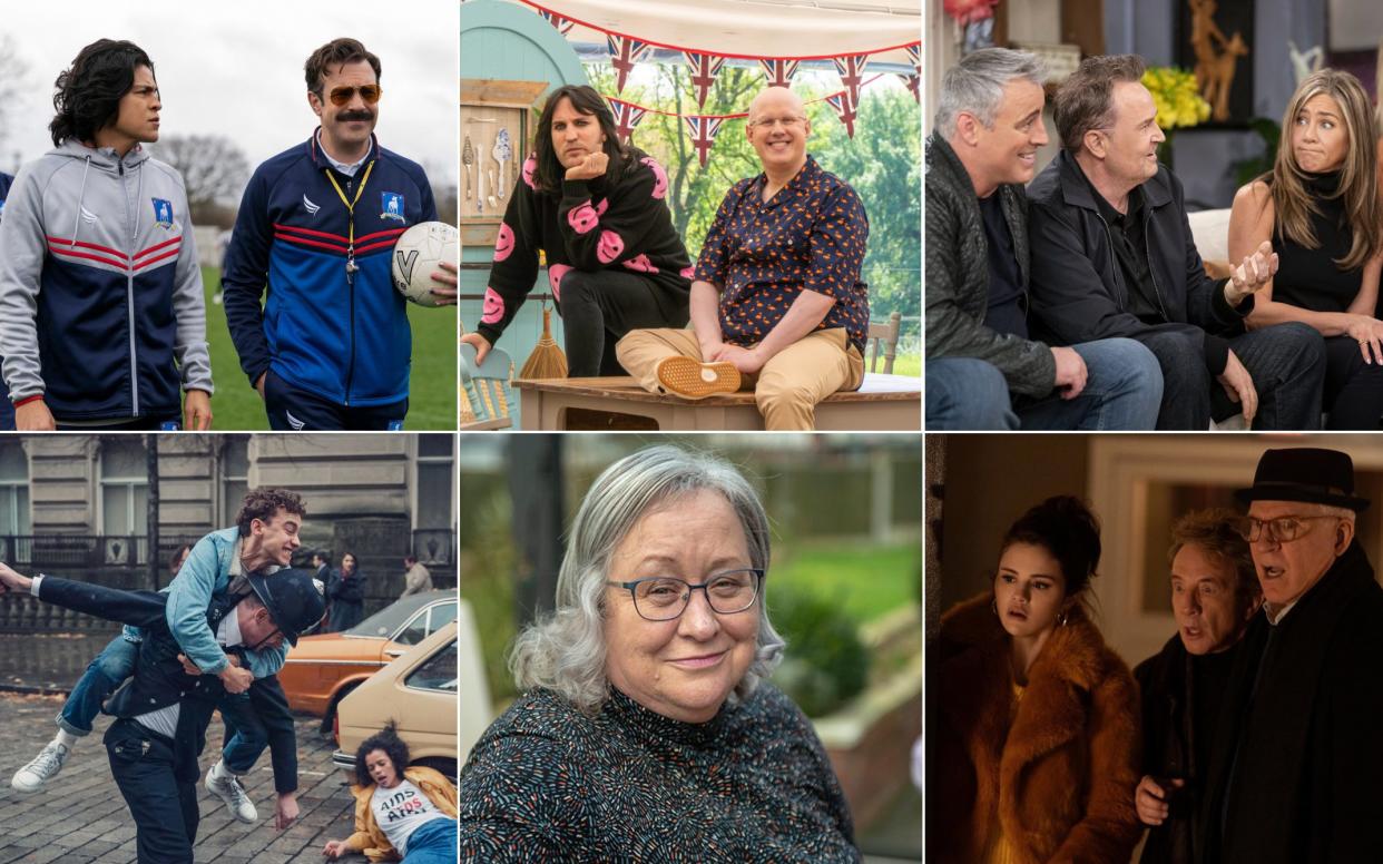 Clockwise from top left: Ted Lasso, The Great British Bake Off, the Friends reunion, Only Murders in the Building, Jackie Weaver and It's a Sin