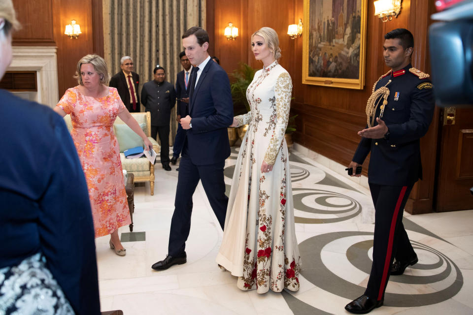 White House Senior Adviser Jared Kushner and his wife Ivanka Trump arrive for a state banquet at Rashtrapati Bhavan, in New Delhi, India February 25, 2020. Alex Brandon/Pool via REUTERS