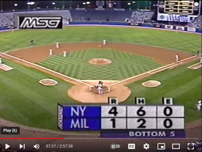 A screen shot shows the Brewers playing the Yankees on Sept. 26, 1995, which would be 10 days after Jimmy Hoffa's body was supposedly relocated to the area around third base, according to a cold-case group called "The Case Breakers."