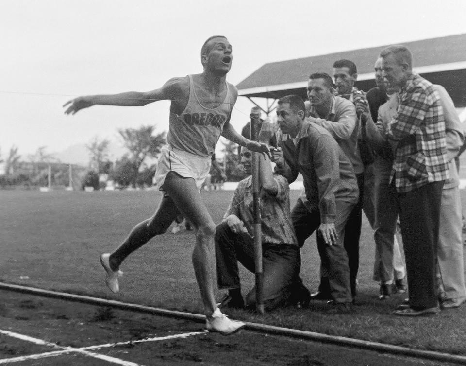 Oregon middle distance runner Dyrol Burleson competes at Hayward Field during the early 1960s.