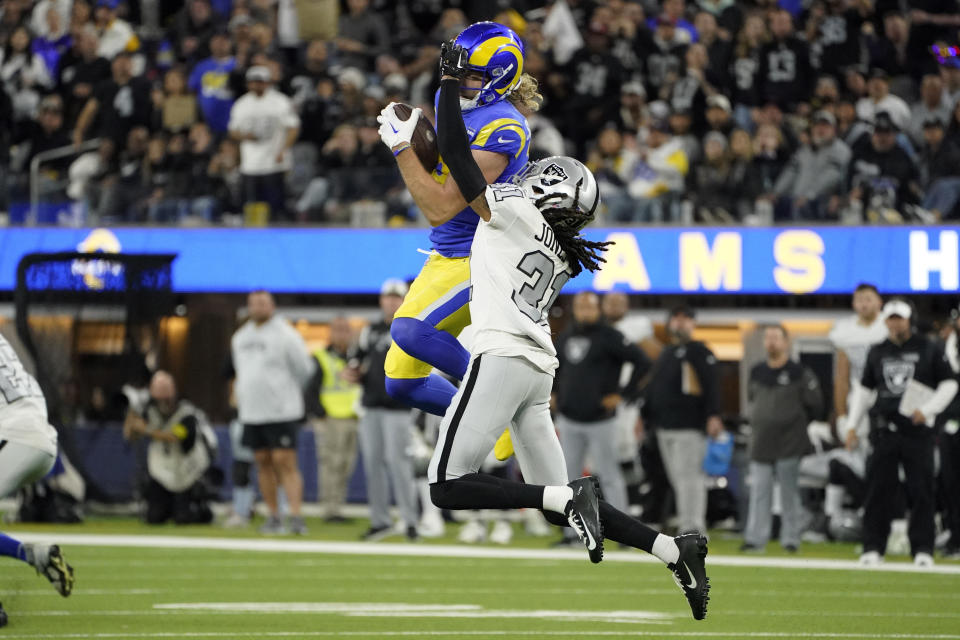 Los Angeles Rams wide receiver Ben Skowronek, above, makes a catch as Las Vegas Raiders cornerback Sidney Jones IV defends during the first half of an NFL football game Thursday, Dec. 8, 2022, in Inglewood, Calif. (AP Photo/Mark J. Terrill)