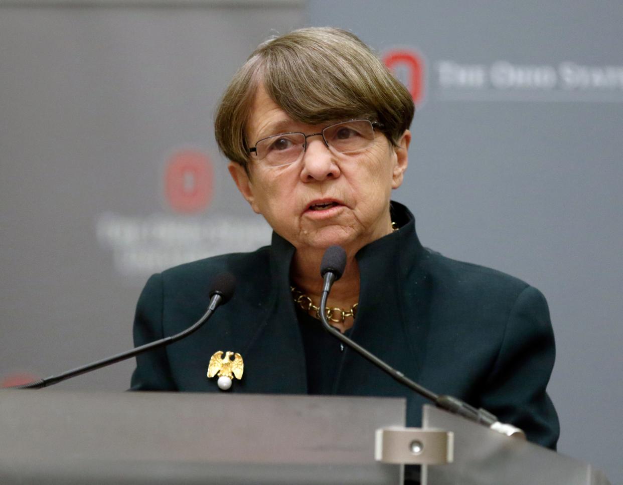 Mary Jo White speaks during a news conference in Columbus, Ohio, in August of 2018. The NFL has hired former Securities and Exchange Commission chair White to investigate an allegation that Washington Commanders owner Dan Snyder sexually harassed a team employee more than a decade ago. (AP Photo/Paul Vernon, File)