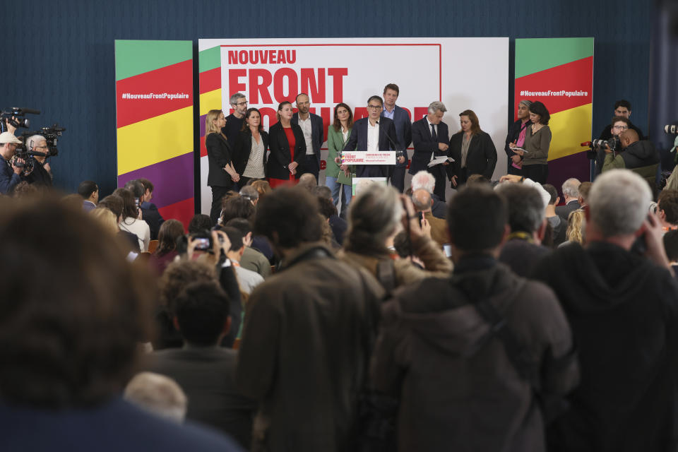 FILE - Leaders of France left-wing coalition for the upcoming election attend a media conference in Paris, on June 14, 2024. Even in a busy year of elections, the next few days stand out. Voters go to the polls over the next week in fledgling democracies like Mauritania and Mongolia, in the Islamic Republic of Iran and in the stalwart democracies of Britain and France. (AP Photo/Thomas Padilla, File)