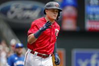 Minnesota Twins' Gio Urshela runs the bases on his three run home run against the Kansas City Royals in the third inning of a baseball game Sunday, May 29, 2022, in Minneapolis. (AP Photo/Bruce Kluckhohn)