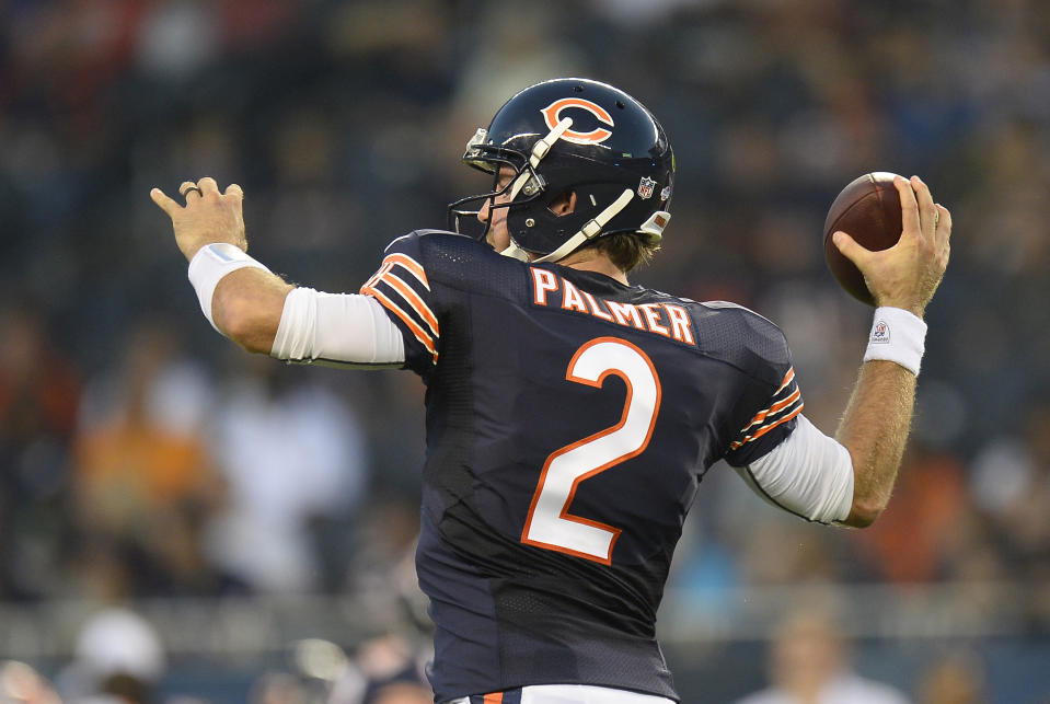 Aug 29, 2013; Chicago, IL, USA; Chicago Bears quarterback Jordan Palmer (2) drops back to pass against the <a class="link " href="https://sports.yahoo.com/nfl/teams/cleveland/" data-i13n="sec:content-canvas;subsec:anchor_text;elm:context_link" data-ylk="slk:Cleveland Browns;sec:content-canvas;subsec:anchor_text;elm:context_link;itc:0">Cleveland Browns</a> during the first quarter at Soldier Field. Mandatory Credit: Mike DiNovo-USA TODAY Sports