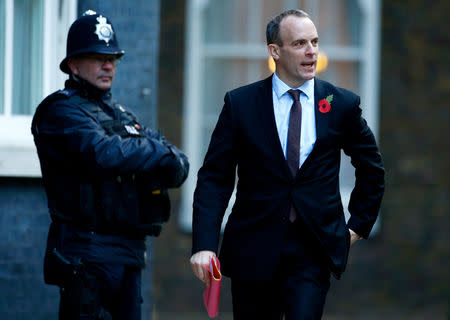 FILE PHOTO: Britain's Secretary of State for Exiting the European Union Dominic Raab arrives in Downing Street in London, Britain, October 29, 2018. REUTERS/Henry Nicholls/File Photo
