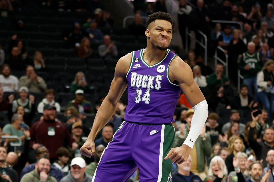 The pressure is on Giannis Antetokounmpo and the Milwaukee Bucks to win another NBA championship after acquiring Damian Lillard. (Photo by John Fisher/Getty Images)