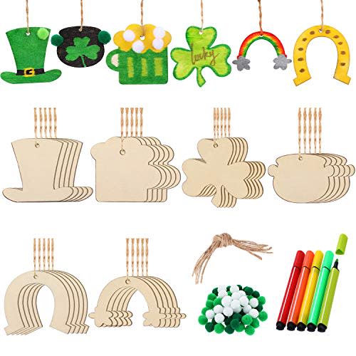 Outus 125 Pieces St. Patrick's Day Unfinished Wooden Ornaments Set 6 Assorted Patterns Wood Embellishments Hanging Ornaments with Pompoms and 5 Colors Pens for DIY Arts Crafts Decorations