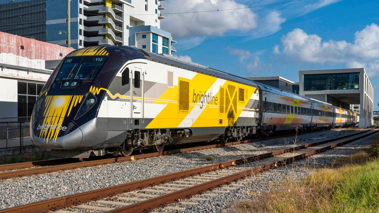 A Brightline train leaves the station in West Palm Beach, Florida on September 6, 2023.