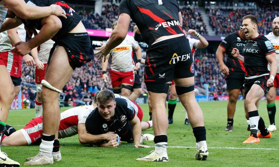 <span>The Saracens hooker Theo Dan dots down for his second try of the afternoon at the <a class="link " href="https://sports.yahoo.com/soccer/teams/tottenham-hotspur/" data-i13n="sec:content-canvas;subsec:anchor_text;elm:context_link" data-ylk="slk:Tottenham Hotspur;sec:content-canvas;subsec:anchor_text;elm:context_link;itc:0">Tottenham Hotspur</a> Stadium.</span><span>Photograph: Matt Impey/Shutterstock</span>