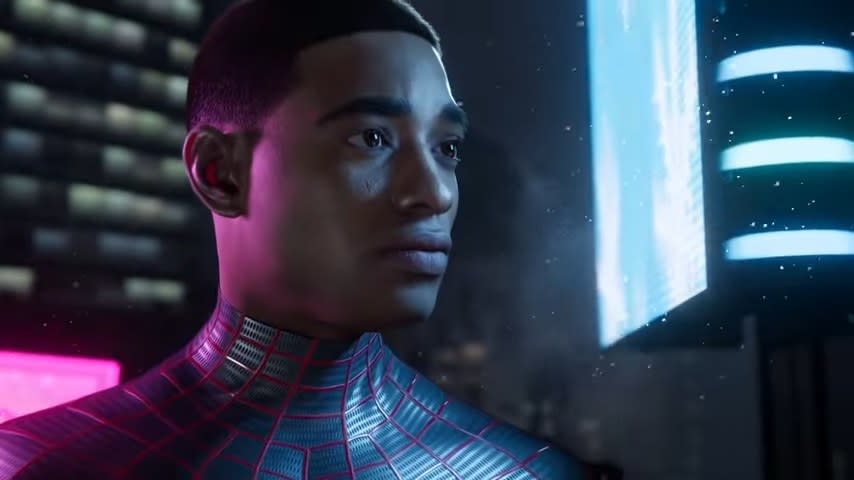 Miles wearing his Spider-Man suit without his mask in "Marvel's Spider Man: Miles Morales"