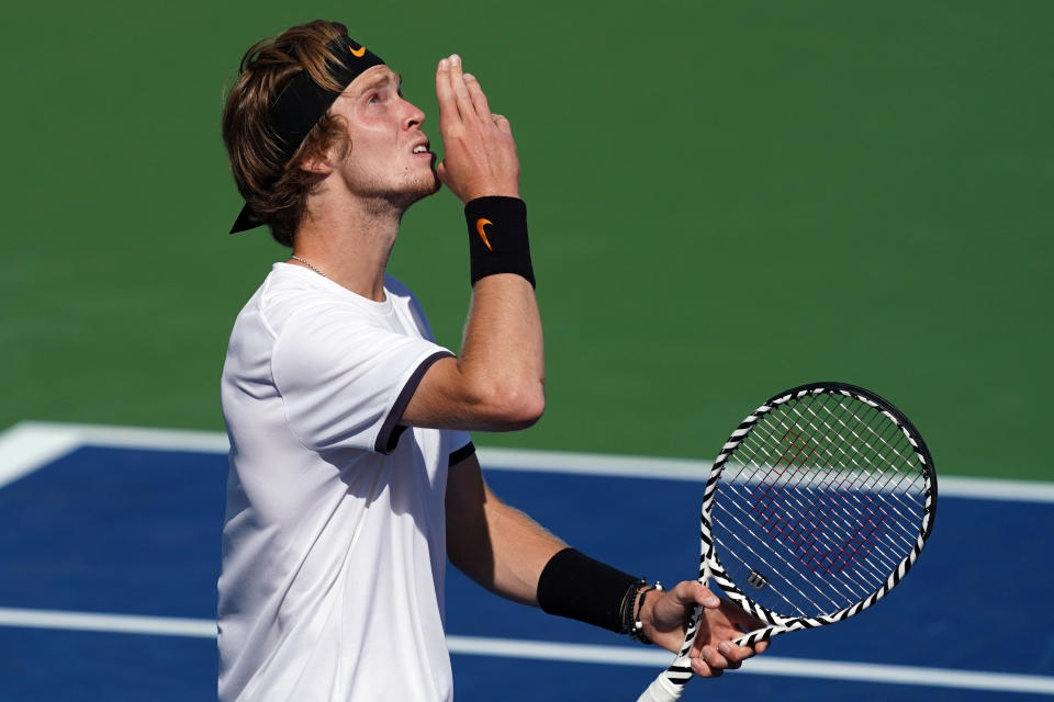 Aug 15, 2019; Mason, OH, USA; Andrey Rublev (RUS) reacts to defeating Roger Federer (SUI) during the Western and Southern Open tennis tournament at Lindner Family Tennis Center. Mandatory Credit: Aaron Doster-USA TODAY Sports