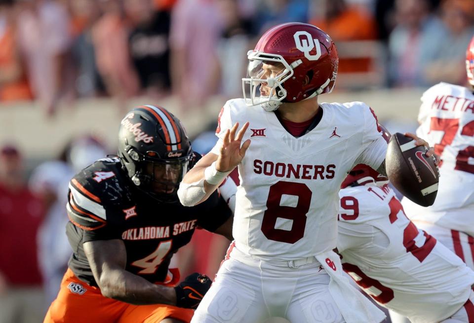 Oklahoma's Dillon Gabriel (8) looks to throw a pass in the second half during a Bedlam college football game between the Oklahoma State University Cowboys (OSU) and the University of Oklahoma Sooners (OU) at Boone Pickens Stadium in Stillwater, Okla., Saturday, Nov. 4, 2023.