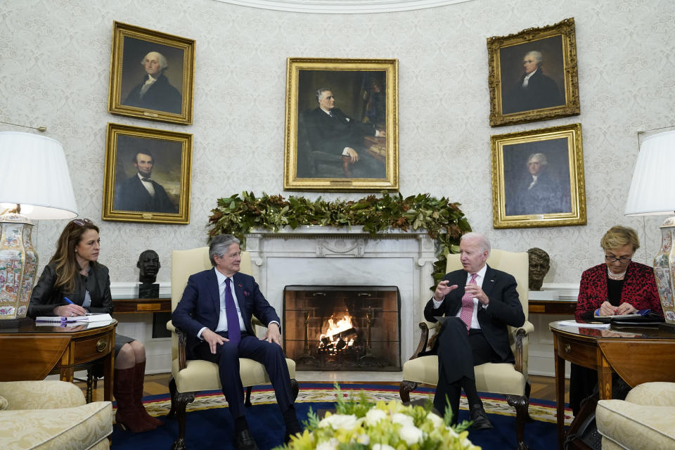 President Joe Biden speaks during a meeting with Ecuador's President Guillermo Lasso in the Oval Office of the White House, Monday, Dec. 19, 2022, in Washington. (AP Photo/Patrick Semansky)