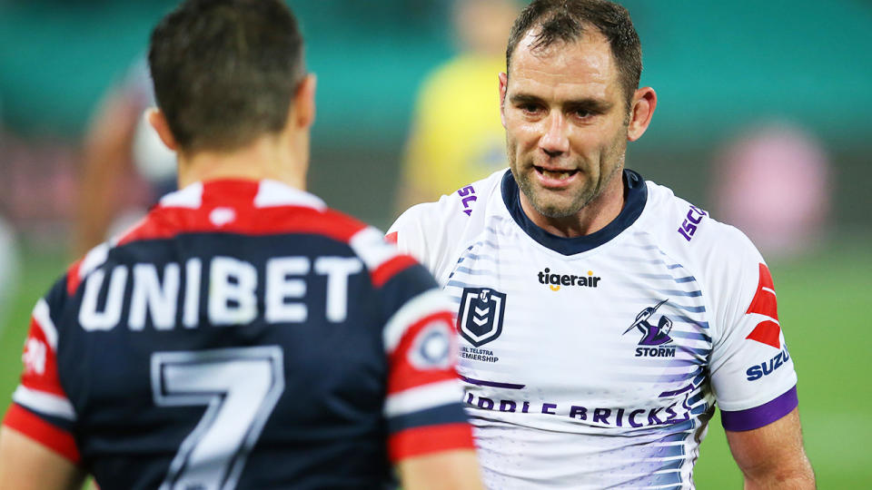 Cooper Cronk and Cameron Smith, pictured here after their NRL Preliminary Final clash in 2019.