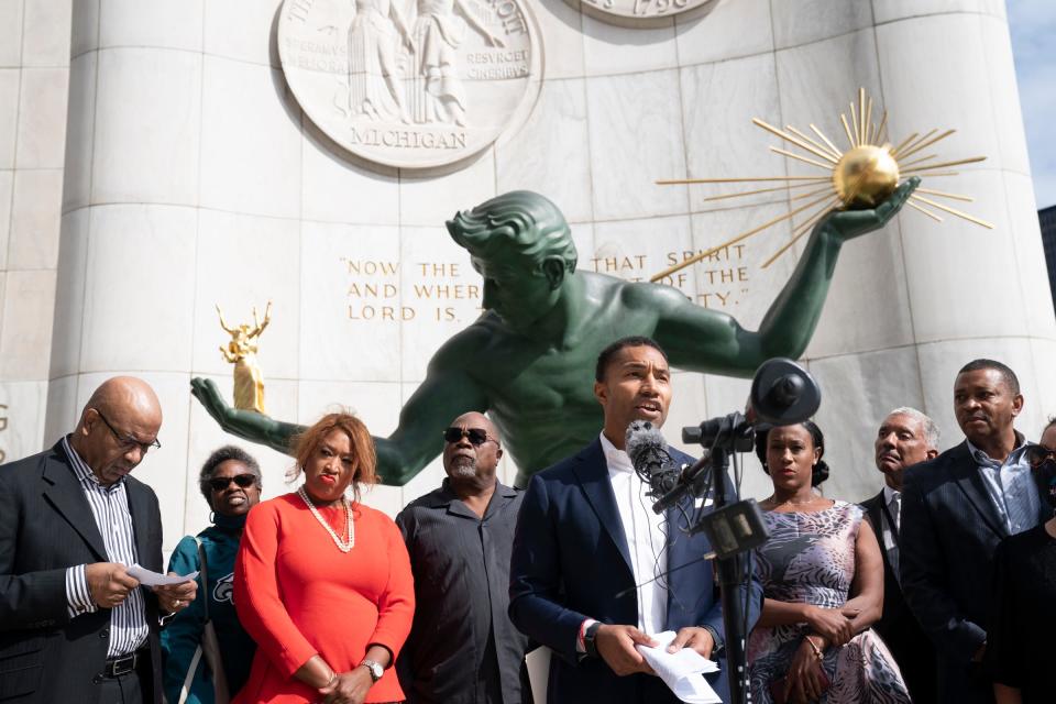 Then-state Sen. Adam Hollier, D-Detroit, speaks as local and state elected officials hold a press conference outside of the Coleman A. Young Municipal Center Tuesday, October 12, 2021 regarding redistricting unfairness.